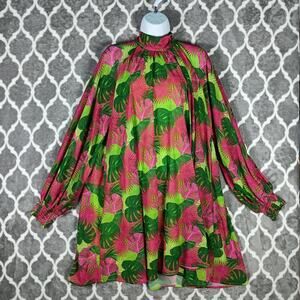 Palms Away Dress Womens Large Pink Green Tropical Palm Long Sleeve Resort